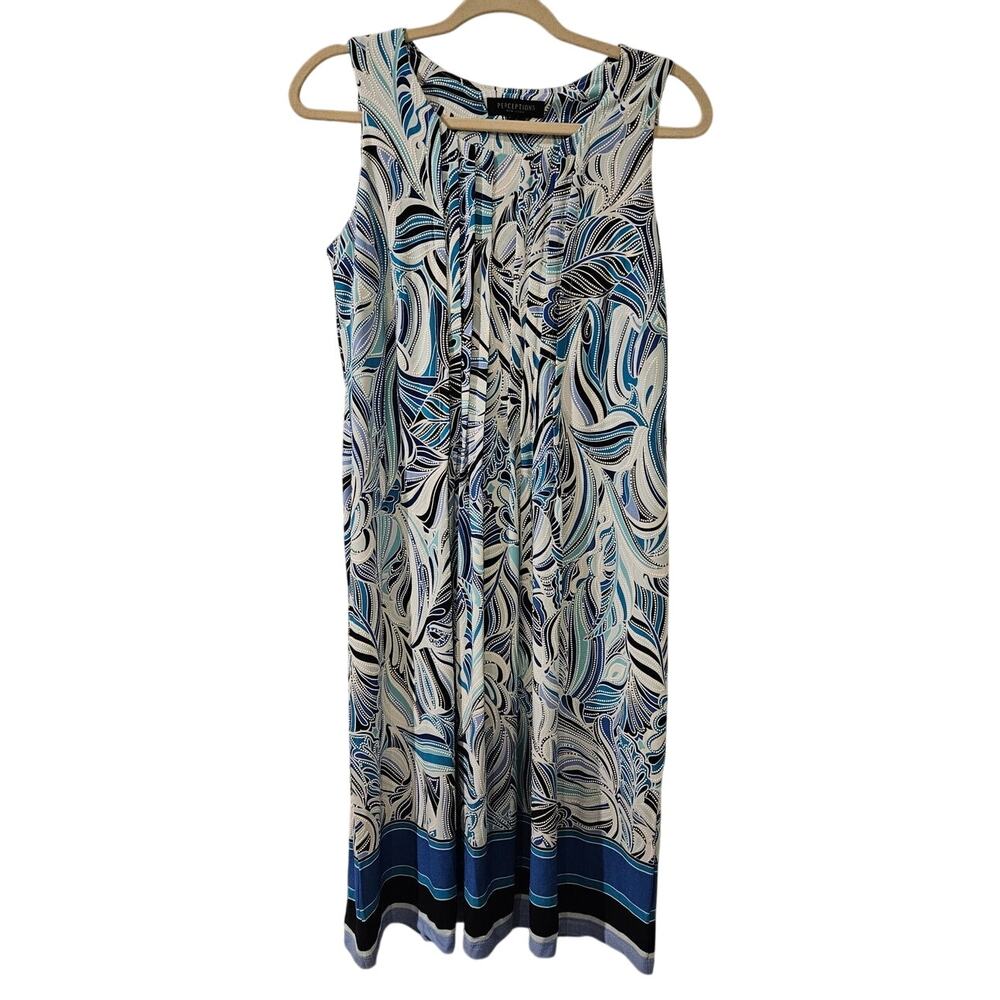Perceptions NY Dress M NWT Blue Green White Pleated Textured Sleeveless Midi